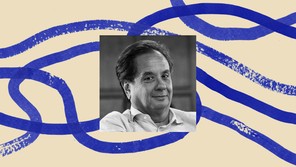 A black-and-white headshot of George Conway inset into an illustrated border