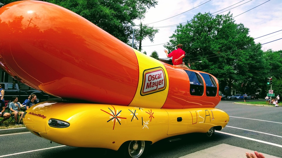 An Oscar Mayer hot dog float, from the traditional Palisades neighborhood Fourth of July parade along MacArthur Boulevard in Washington D.C., in 2017. This is America.