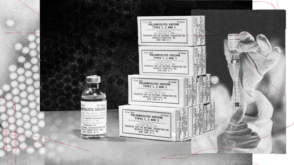Collage of a vial of inactivated polio vaccine, boxes of inactivated polio vaccine, and a pair of gloved hands sticking a syringe into a vial