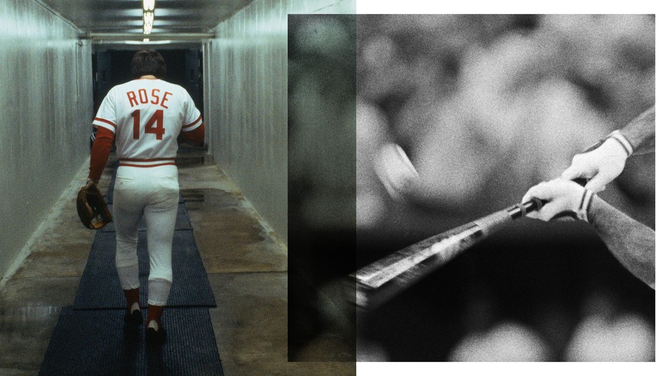 Photo of Pete Rose walking and a swinging baseball bat