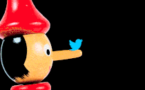 Animation of a Pinocchio figurine with growing nose and Twitter birds