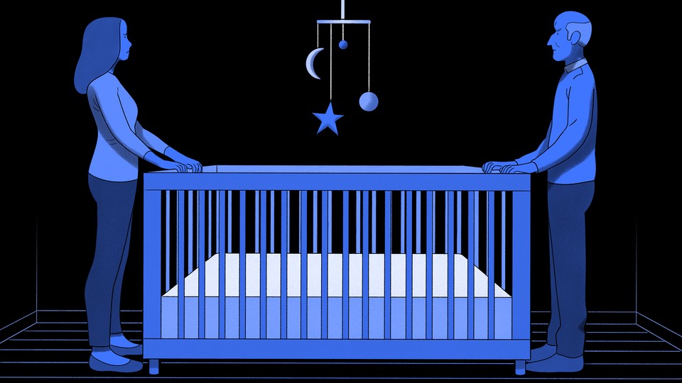 An illustration of a husband and wife standing on opposite sides of an empty crib