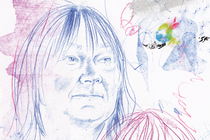 illustration with sketched portraits of Ali Smith with multicolored marks and scribbles