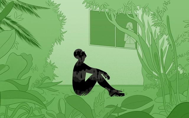 An illustration of a man sitting outside a window looking sad, while his mother peers outside.