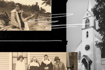 Layered photographs of a woman, a church, and two nuns posing with women in hats