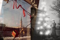 Left: The Red Square viewed from the "Gum" department store, Moscow, 2001. Right: Christmas Tree On Berlin Soviet Zone On December 7th, 1960.