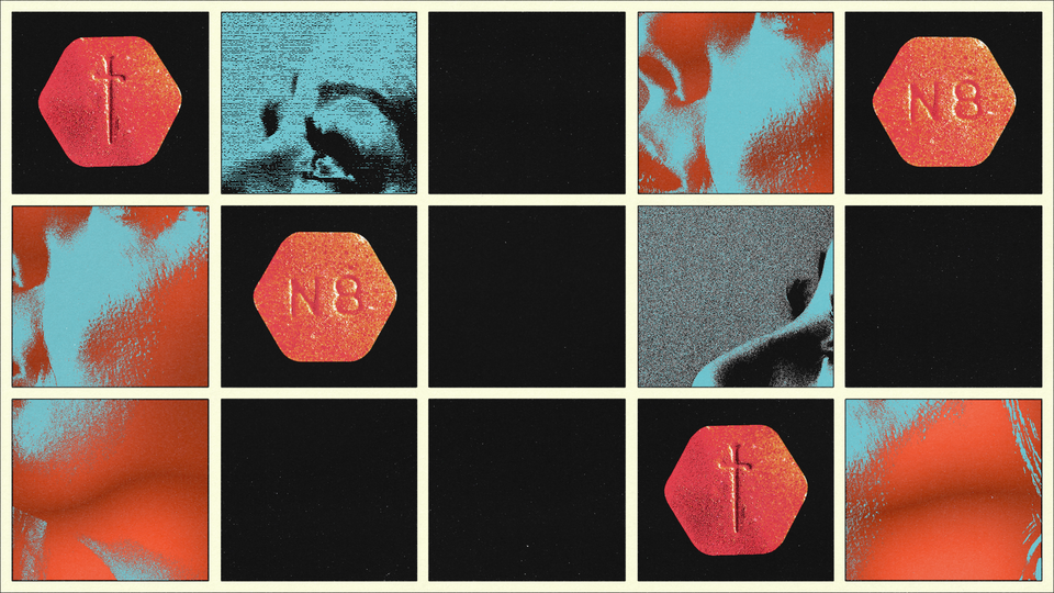 a grid of pills and faces in blue and red and green