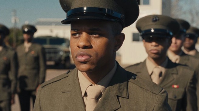 Jeremy Pope in uniform at boot camp in "The Inspection"