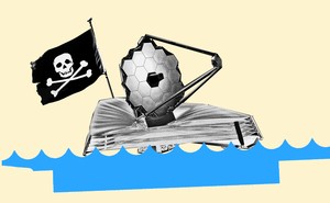 An illustration of NASA's new space telescope sailing on water, with a pirate flag waving overhead