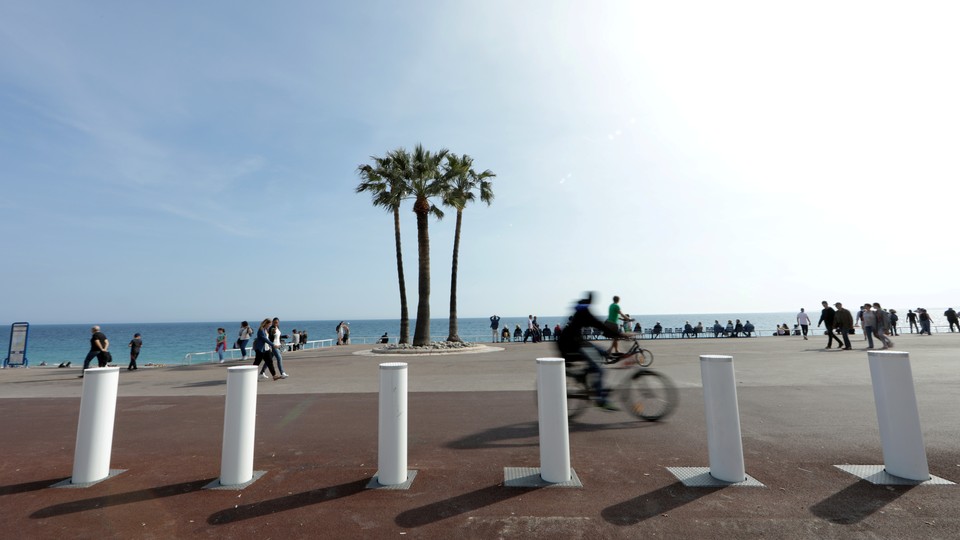 Concrete bollard barriers on the Promenade des Anglais in Nice, France 