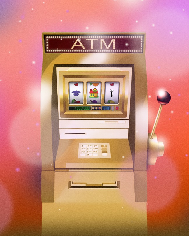 Artwork of a combination ATM-slot machine with small illustrations of a graduation cap, a house, and a suit and tie on the game screen.