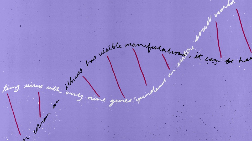 A double helix of DNA made out of words from the article