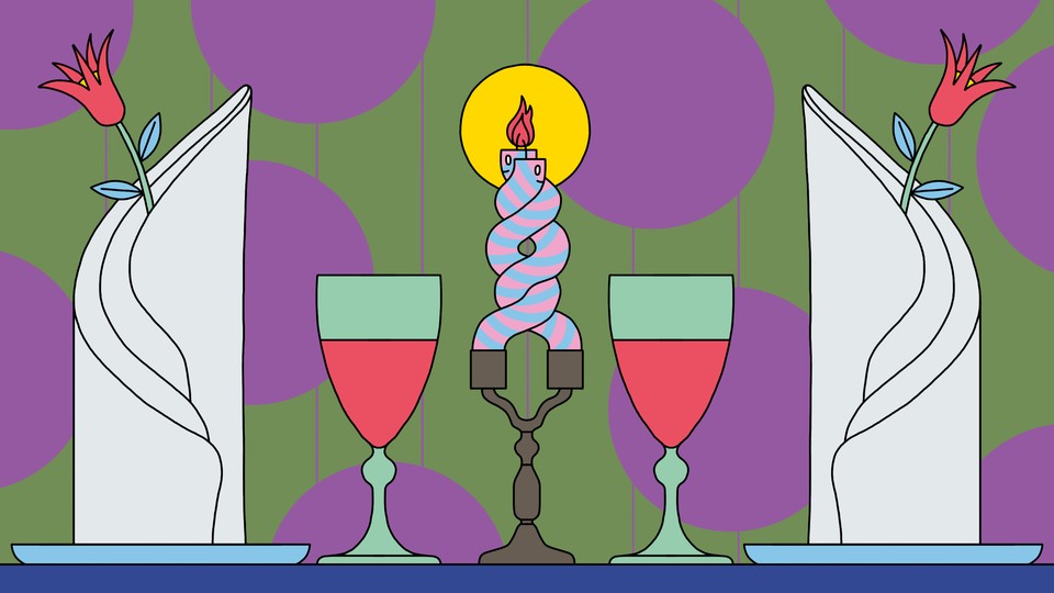 A colorful illustration of a dinner table with two wine classes and a two candles intertwined