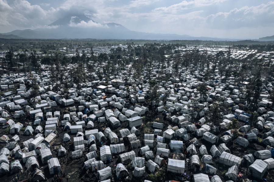 An aerial view of hundreds of tents crowded into a refugee camp