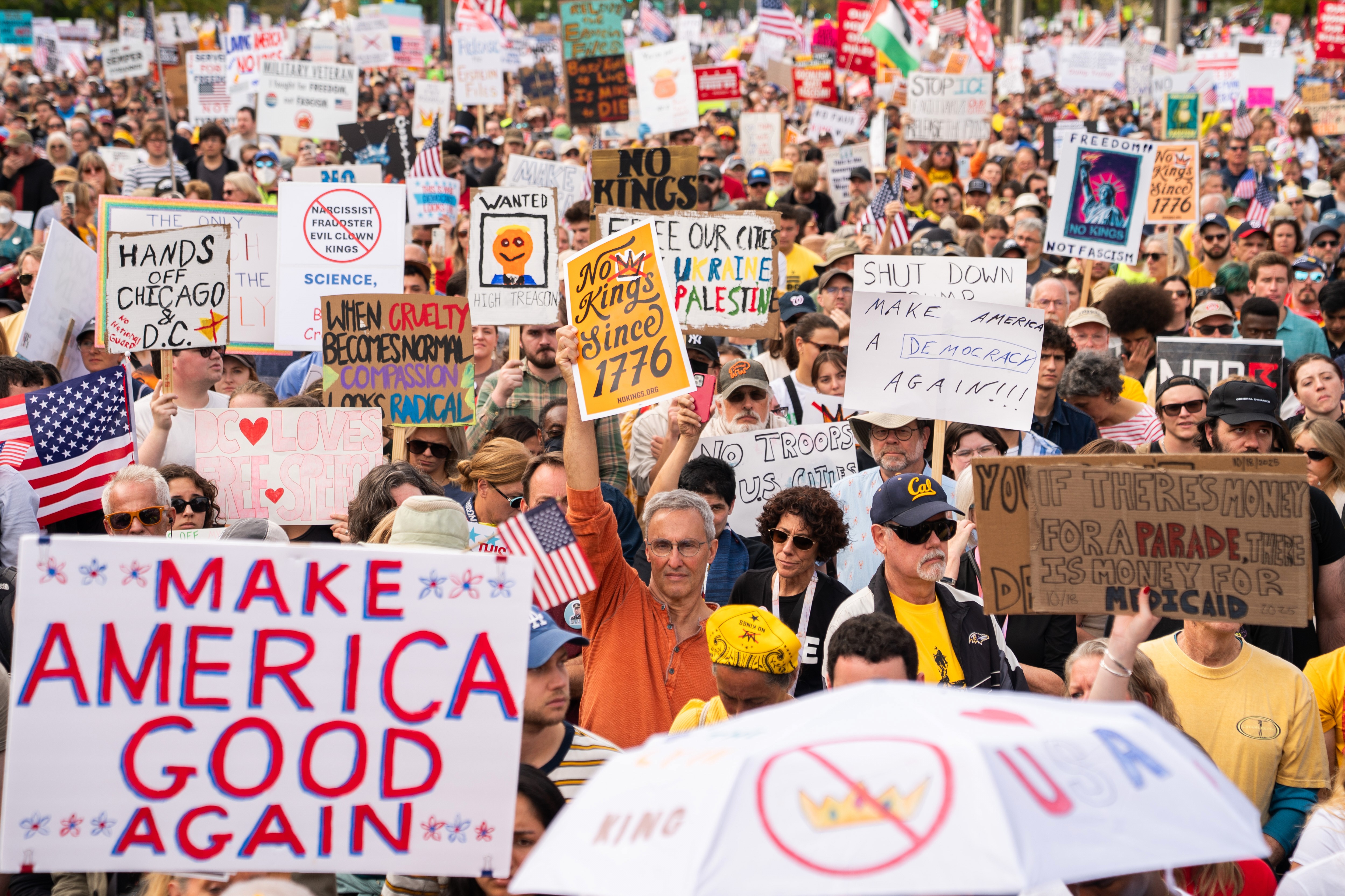 A large crowd of protesters hold signs, including one that says