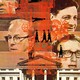 An illustration of the heads of Kissinger, Schlesinger, Shultz, and Weinberger on top of the White House, with a superimposed stylized drawing of red machinery and silhouettes of suited men walking perpendicularly