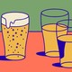Illustration of several beer glasses. Most are half full. One is fizzy and overflowing.