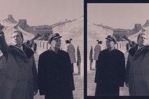 A mirrored sepia-toned photo of President Richard Nixon and Secretary of State William Rogers with Chinese Deputy Premier Li Xiannian during a visit to the Great Wall of China.