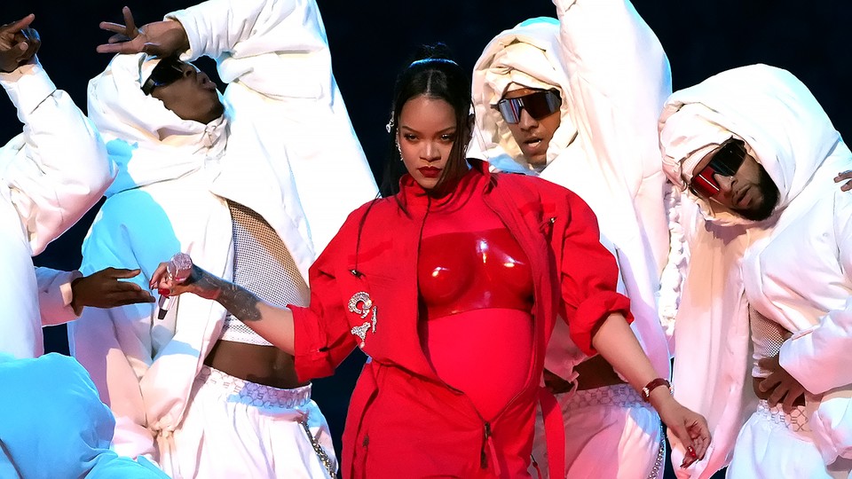 Rihanna dressed in all red at the Super Bowl Halftime Show