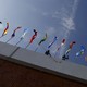 A photo taken from below a row of flags from around the world