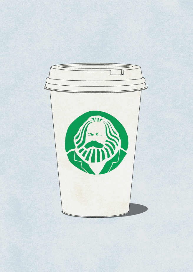 illustration of white to-go coffee cup with green circular logo of stylized Karl Marx