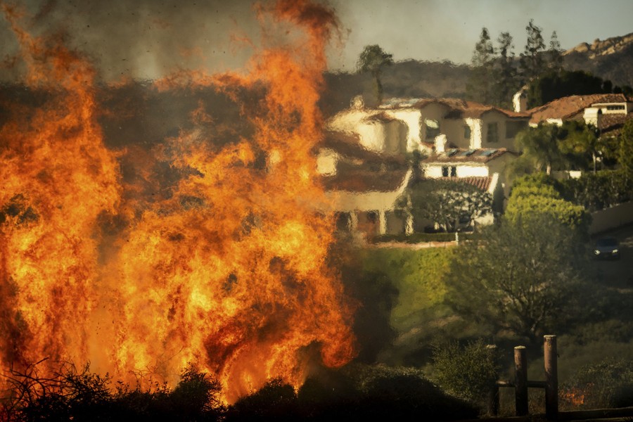 Wildfire flames rise over shrubbery, with hillside homes nearby.