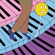 An illustration of a person happily strolling across steps that look like a multicolored piano keyboard.