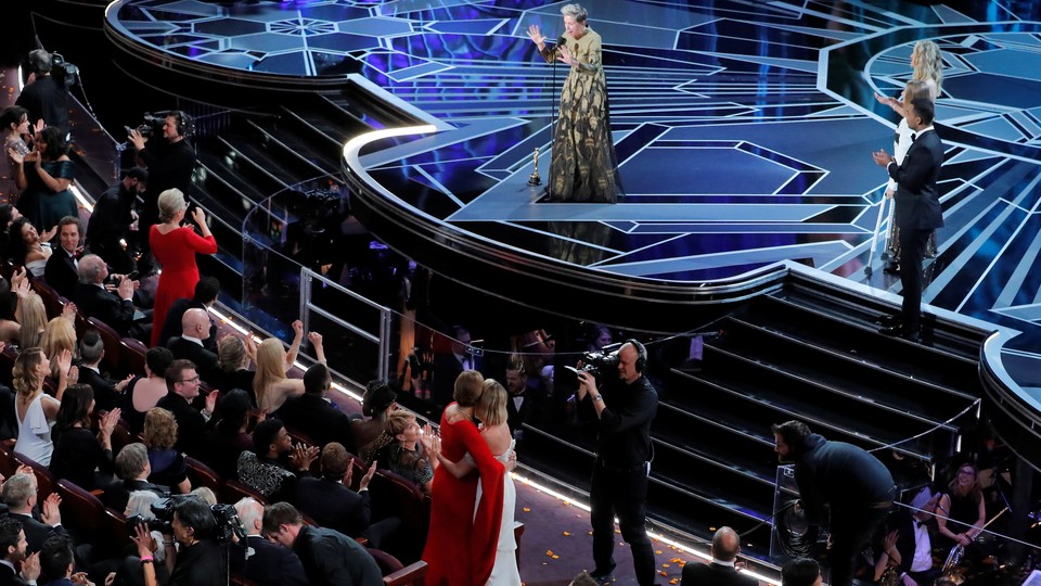 Frances McDormand asks women in the audience to stand as she accepts the Oscar for Best Actress for 'Three Billboards Outside Ebbing, Missouri.'