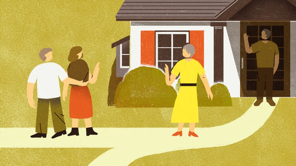 illustration of two women waving goodbye on the sidewalk. One walks away arm in arm with a man, the other is approaching a house where a different man awaits.