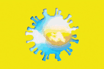 an animation of a coronavirus particle with sun and clouds moving inside of it