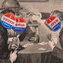 An illustration of men playing poker with "I voted today" stickers over their faces