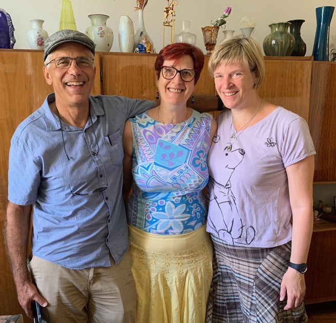 The author with Andi's mother Lili (center) and Andi in Granny Magda's apartment in 2022. 