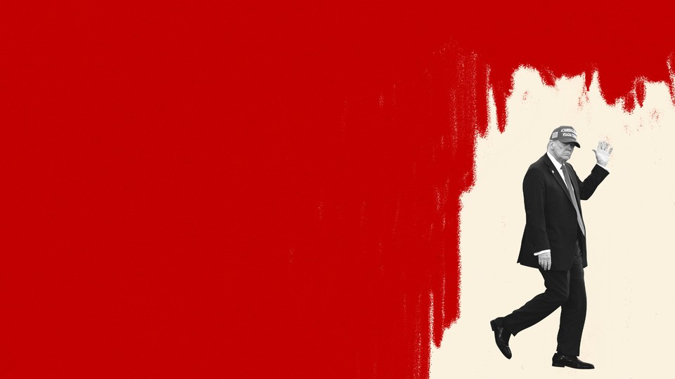 Illustration of Donald Trump waving, surrounded by red crayon scribbles