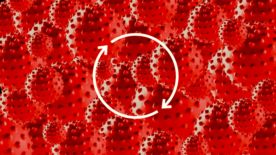 A GIF showing red viruses constantly appearing behind two circling arrows