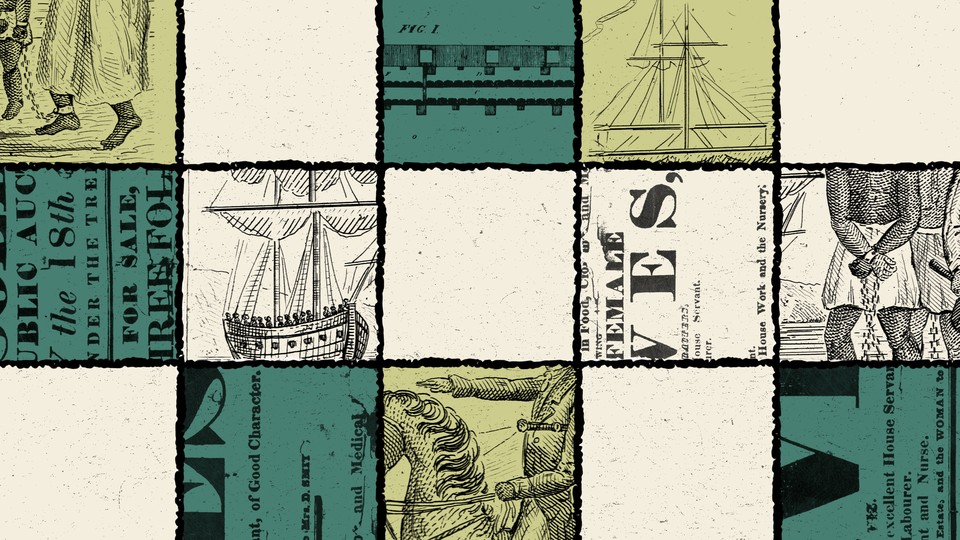 A collage of historical illustrations and documents related to the transatlantic slave trade with some pieces missing