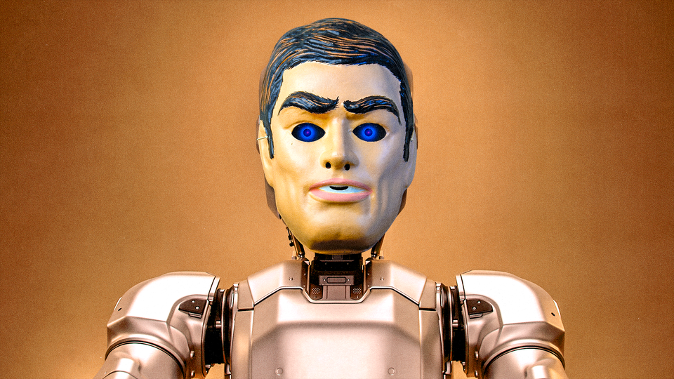 A metallic robot wears a human mask over a copper background
