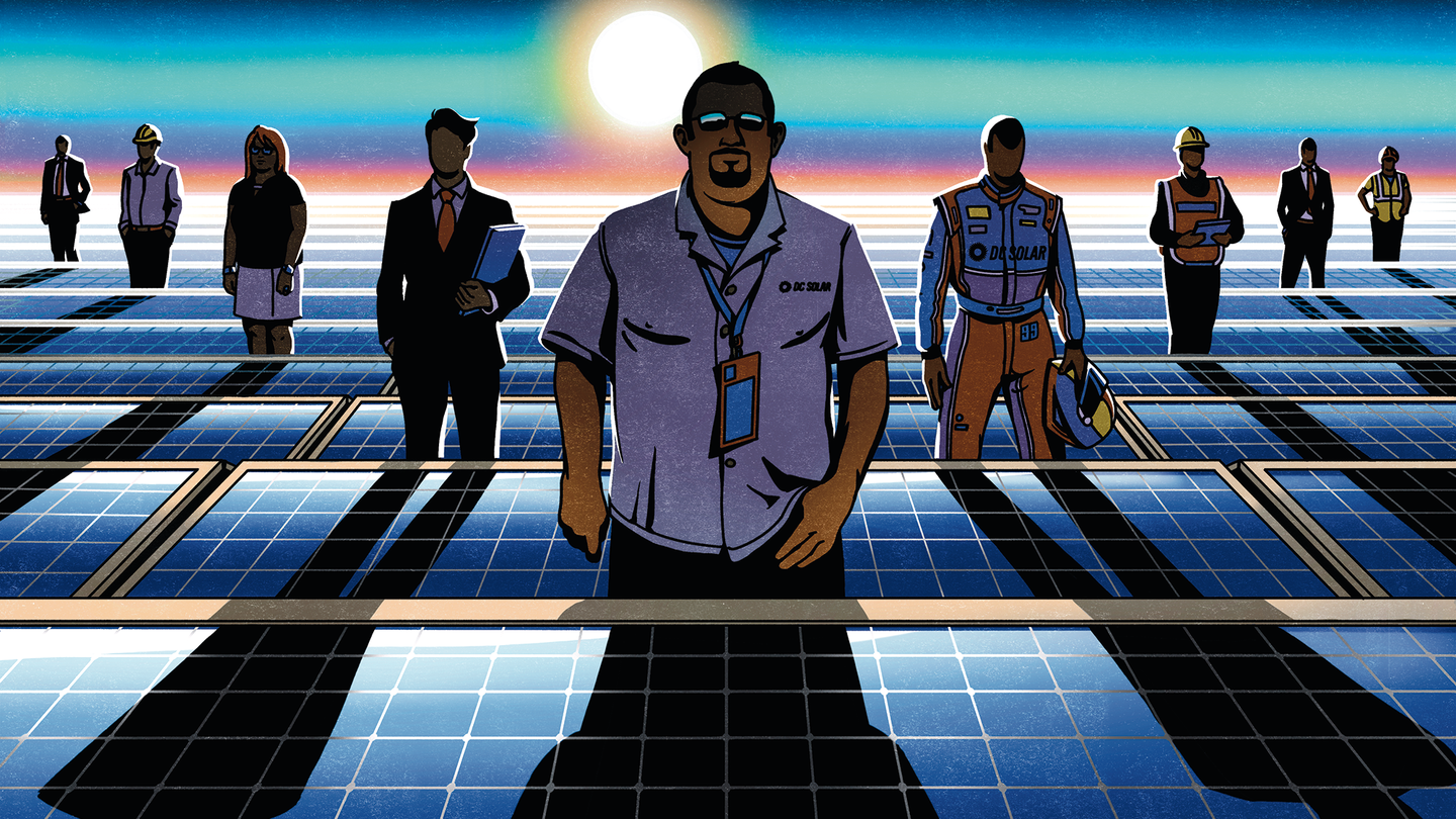 An illustration of lined solar panels with people standing in between.