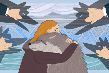 An illustration of a woman hugging a wolf