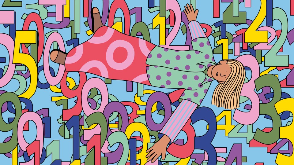 An illustration of a woman floating above a cascade of numbers