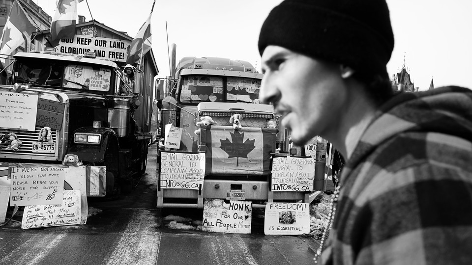 A protest led by truck drivers blocks the streets in Ottowa.