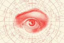 A sketch of a human eye overlaid with a chart of constellations