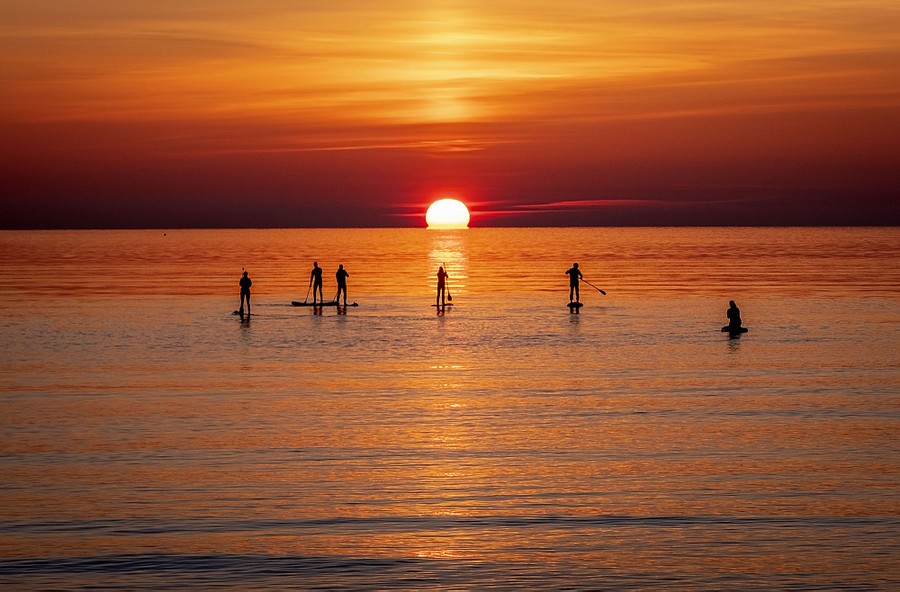 Six people paddle in calm water during a sunrise.