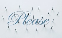 The word "please" in cursive script on a white background, pierced by nails poking through