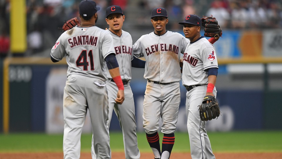 The Cleveland Indians celebrate their victory over the Chicago White Sox