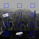 An aerial view of New York City overlaid with a grid of blue checkboxes