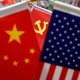 The flags of the U.S., China, and the Chinese Communist Party