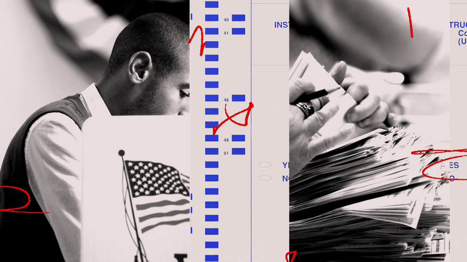 Photo illustration of a voter behind a screen inscribed with the U.S. flag, the edge of a ballot, and a pair of hands leafing through a stack of ballots