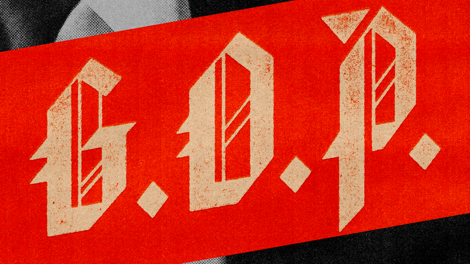 illustration with close-up black-and-white photo of suit and tie overlaid by a red diagonal banner with G.O.P. in gold Third Reich–esque font