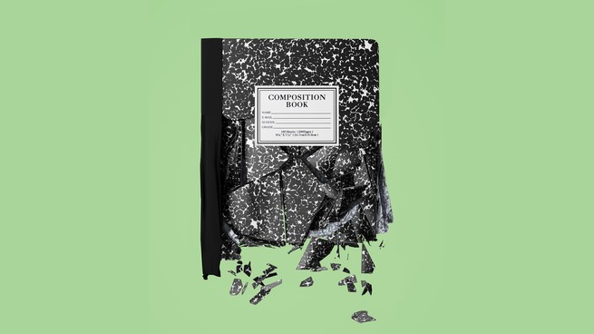 Illustration of a black-and-white student composition book made of glass and shattered on a green background