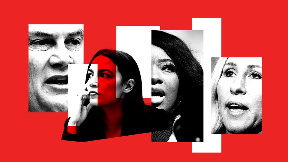 Photo collage depicting congressional members James Comer, Jasmine Crockett, Alexandria Ocasio-Cortez, and Marjorie Taylor Greene